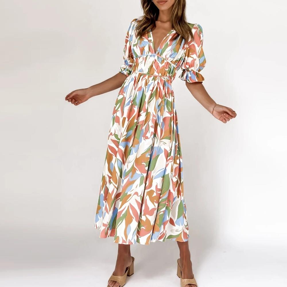 Green Floral Print Shirred Waist V Neck Flounce Sleeve A-line Dress