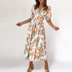 Green Floral Print Shirred Waist V Neck Flounce Sleeve A-line Dress