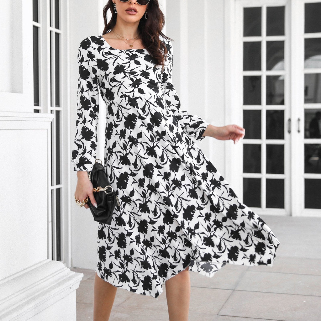 Floral Print Bishop Sleeve Asymmetric Hem Square Neck Dress