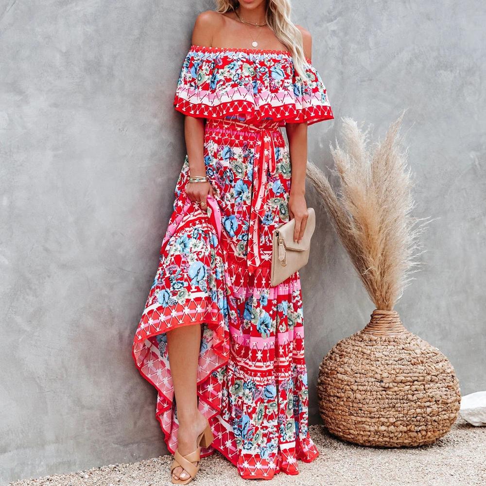 Allover Floral Print Off Shoulder Ruffle Hem Belted Maxi Dress