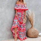 Allover Floral Print Off Shoulder Ruffle Hem Belted Maxi Dress