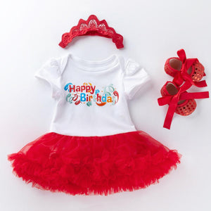 Red Baby Girls 3PCs Birthday Outfit Cotton Rromper Dress Rose Shoes and Lace Crown Headband