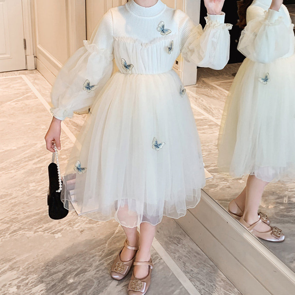 Girls Party Dress Butterfly Embroidery Lace Patchwork Knitted Dress