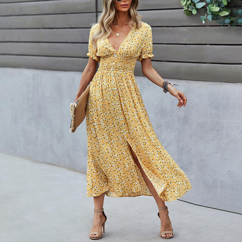 Puff Sleeve Button Detail Shirred Waist Ditsy Floral Print Slit Hem Dress