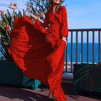 Solid Bishop Sleeve Surplice Front V Neck Split Thigh Belted Maxi Dress