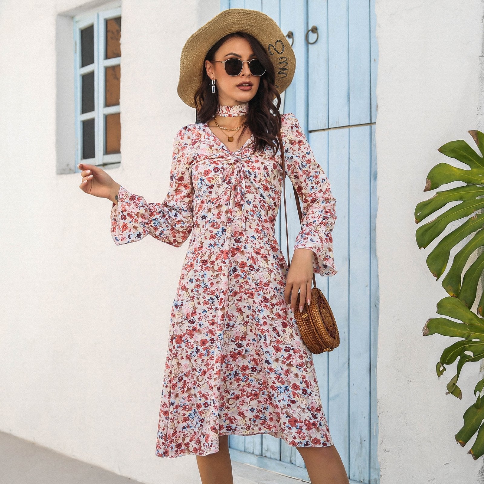 Floral Drawstring Knot Flounce Sleeve Cut Out Tie Front Dress