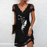 Black Scallop Detail Plant & Heart & Butterfly Print V Neck Contrast Lace Short Sleeve Dress