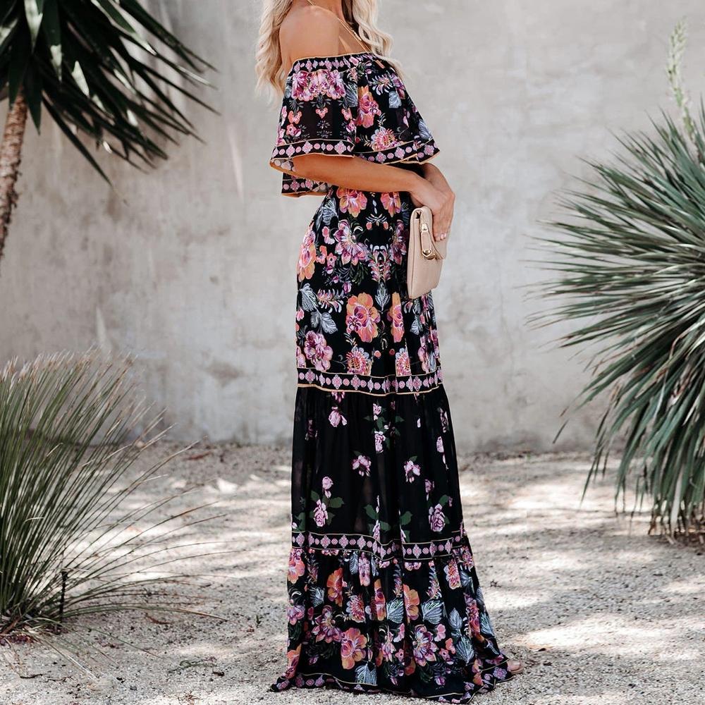Allover Floral Print Off Shoulder Ruffle Hem Belted Maxi Dress