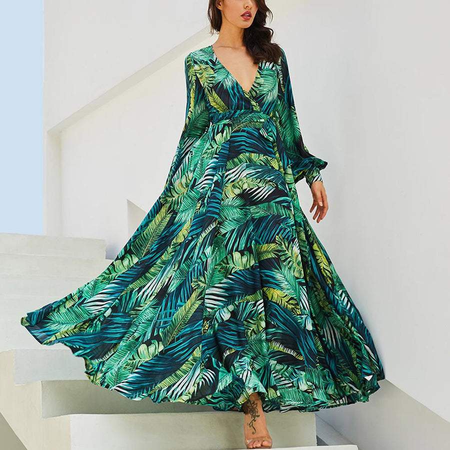 Tropical Leaves & Floral Print Lantern Sleeve V Neck Belted Maxi Dress