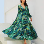 Tropical Leaves & Floral Print Lantern Sleeve V Neck Belted Maxi Dress