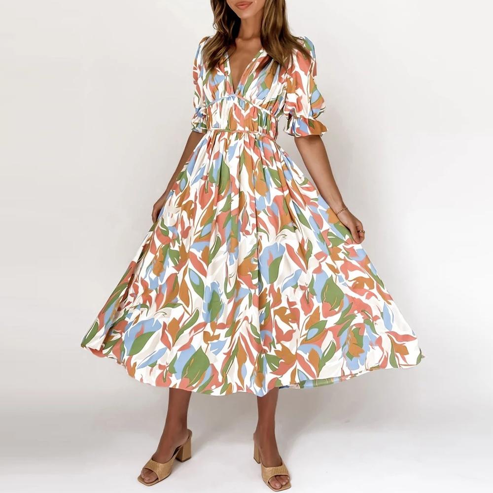 Green Floral Print Shirred Waist V Neck Flounce Sleeve A-line Dress