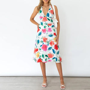 White Floral Print Halter Neck Open Back Cami Dress