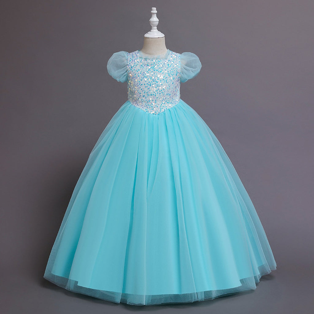 Elegent Girls Pageant Dresses Puff Sleeve Sequins Formal Tulle Maxi Dress