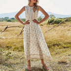 White Ditsy Yellow Floral Print Round Neck Sleeveless Long Dress