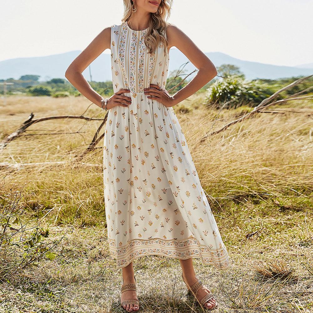 White Ditsy Yellow Floral Print Round Neck Sleeveless Long Dress