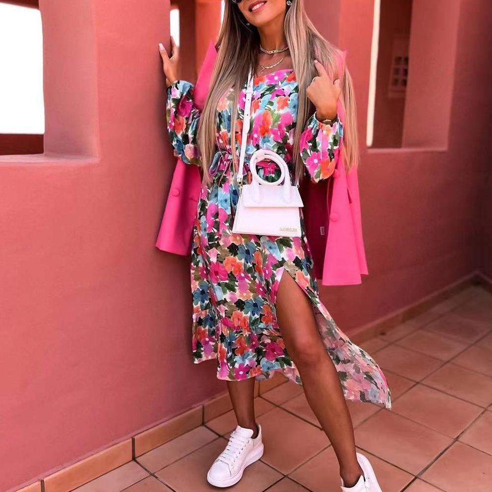 Floral & Allover Print Lantern Sleeve Ruffle Hem Split Thigh Belted Dress