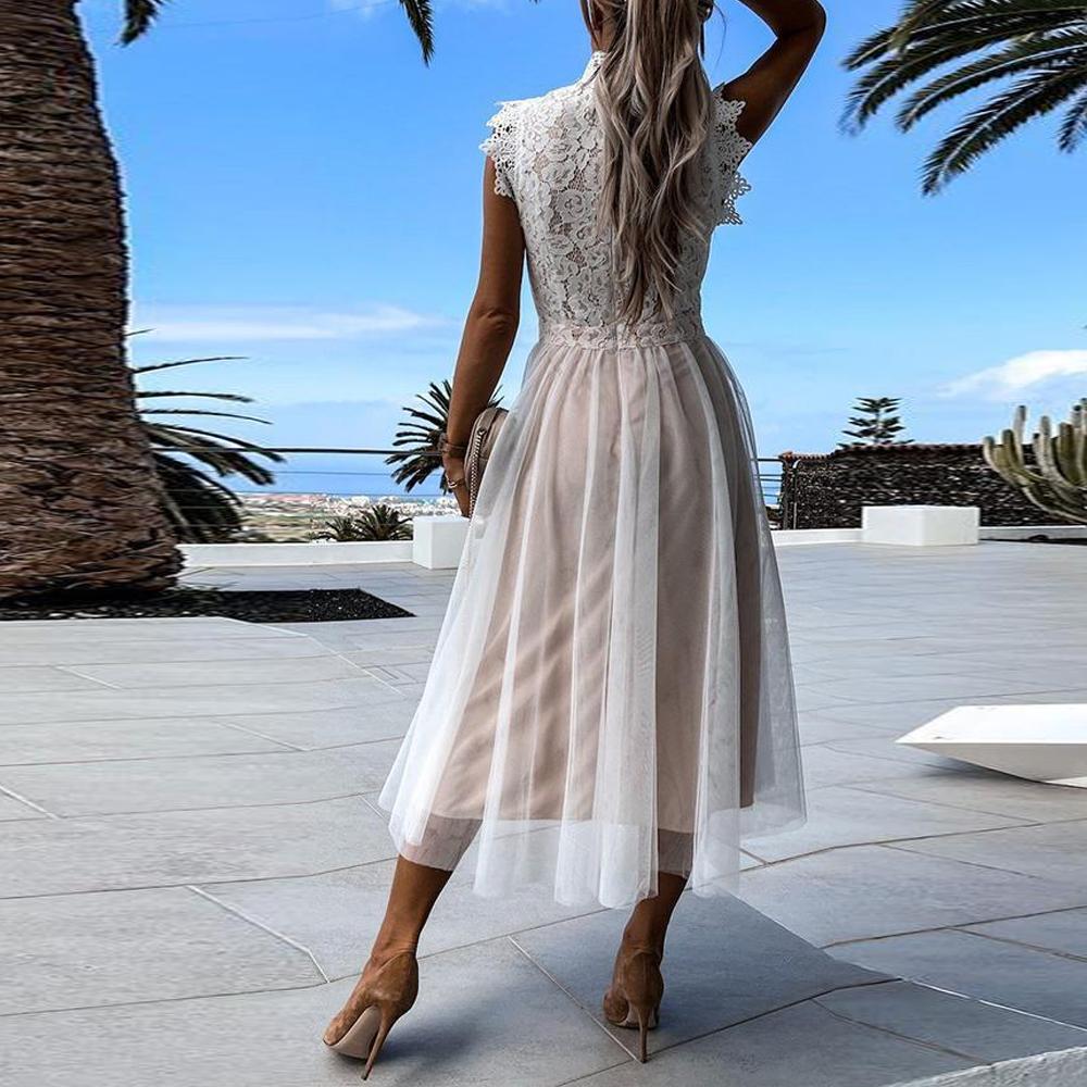 White & Black Mock-Neck Embroidery Contrast Lace Bodice Mesh Sleeveless Dress