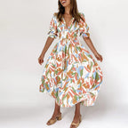 Green Floral Print Shirred Waist V Neck Flounce Sleeve A-line Dress