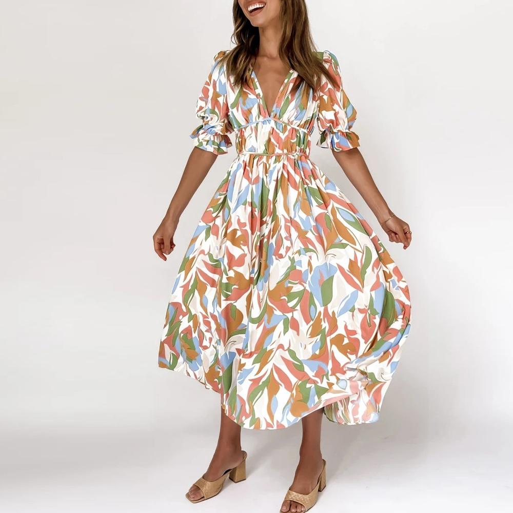 Green Floral Print Shirred Waist V Neck Flounce Sleeve A-line Dress