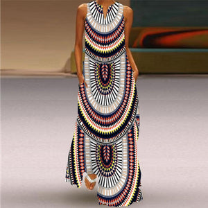Feather & Balloon & Sun & Geometric Print Sleeveless V Neck Maxi Dress