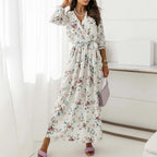 Surplice Neck Self Belted Botanical Print Bishop Sleeve Dress