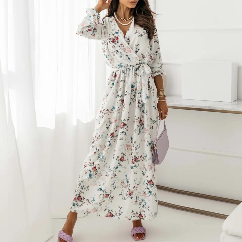 Surplice Neck Self Belted Botanical Print Bishop Sleeve Dress