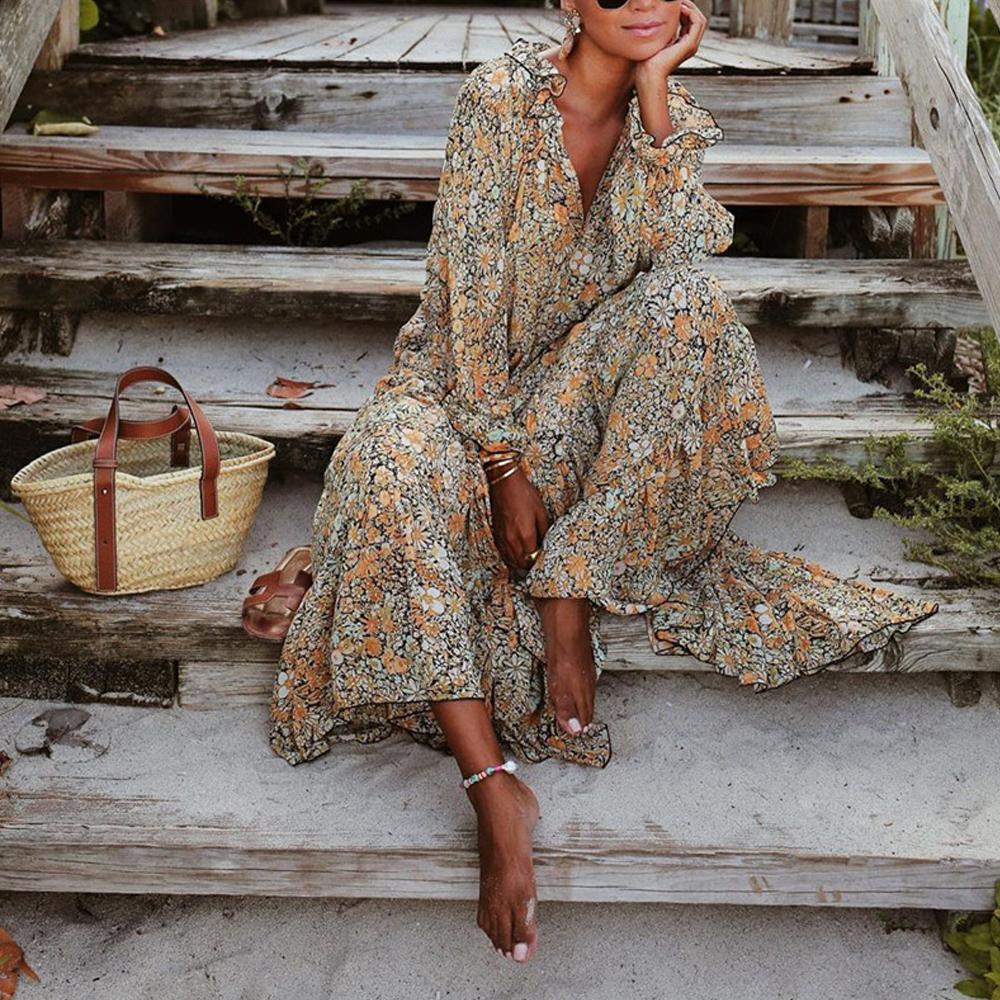 Ditsy Floral Print Flounce Sleeve Frill Trim Ruffle Hem Maxi Dress