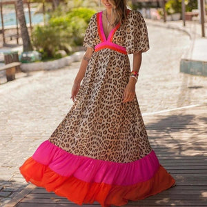 Colorblock Leopard Print Contrast Trim V Neck Short Sleeve A-Line Maxi Dress