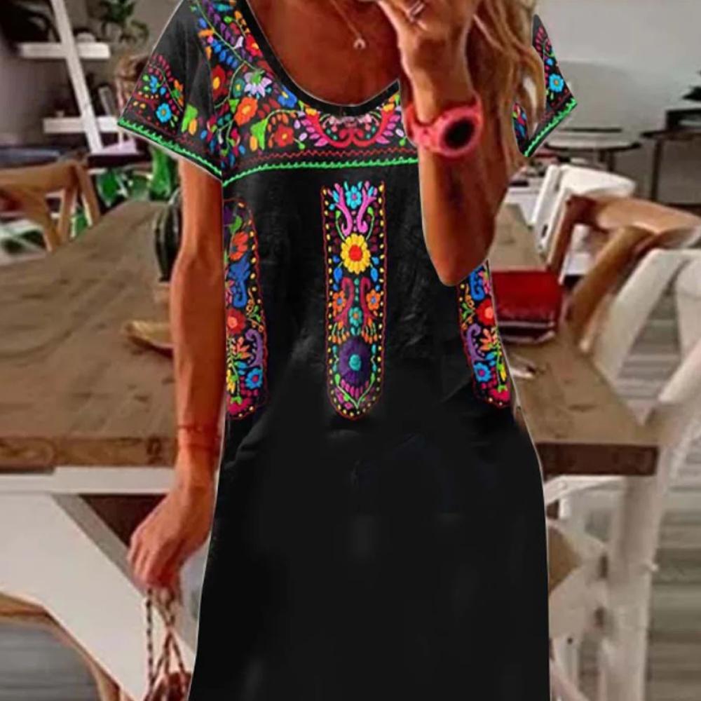 Black Round Neck Colorful Floral Print Short Sleeve Long Dress
