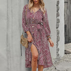 V Neck Polka Dot Print Long Sleeve High Low Hem Belted Dress