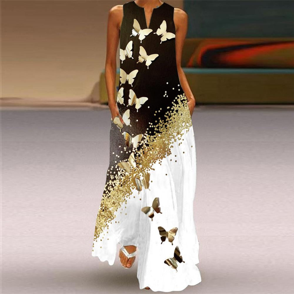 Butterfly & Floral Print Sleeveless V Neck Maxi Dress