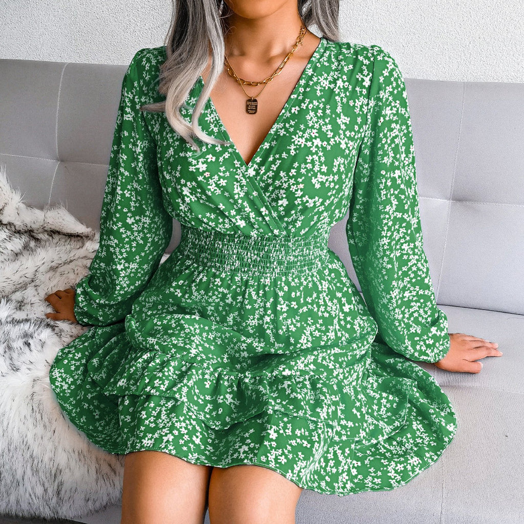 Fashion Long Sleeve Chiffon Dress Floral Printed Deep V-neck Midi Party Dress