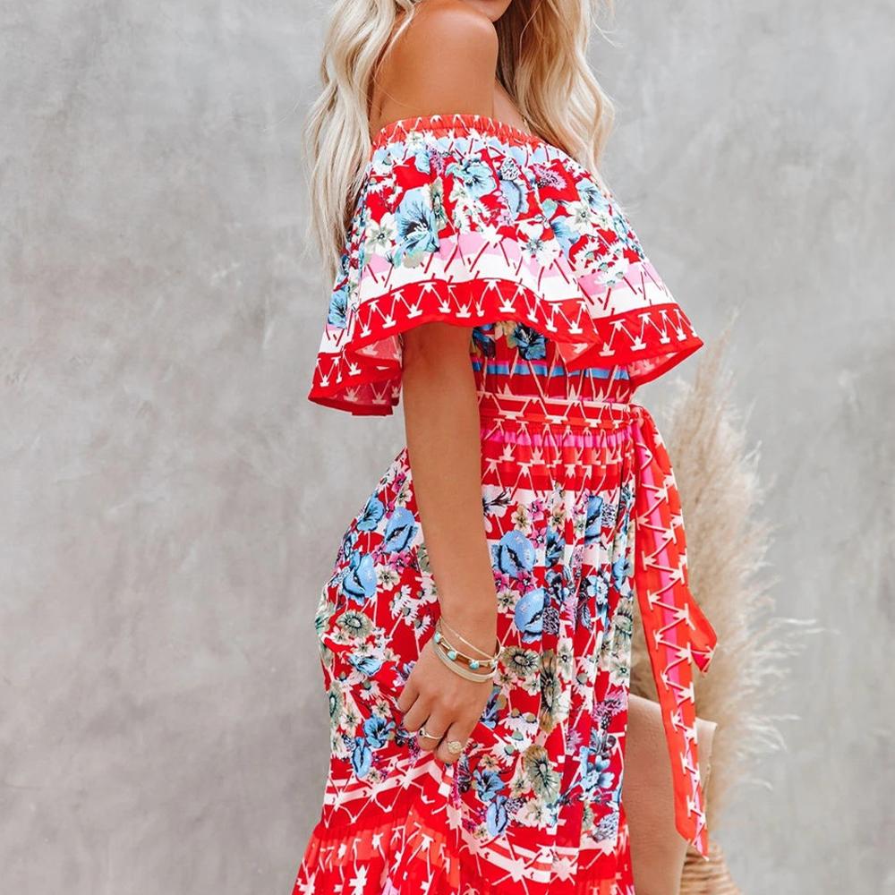 Allover Floral Print Off Shoulder Ruffle Hem Belted Maxi Dress