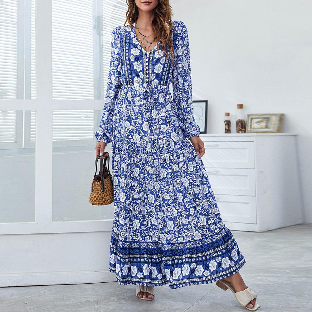 Half Button Allover Floral Print V Neck Bishop Sleeve Maxi Dress