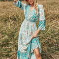 Green Paisley & Floral Print Button Front Knot Waist V Neck Dress