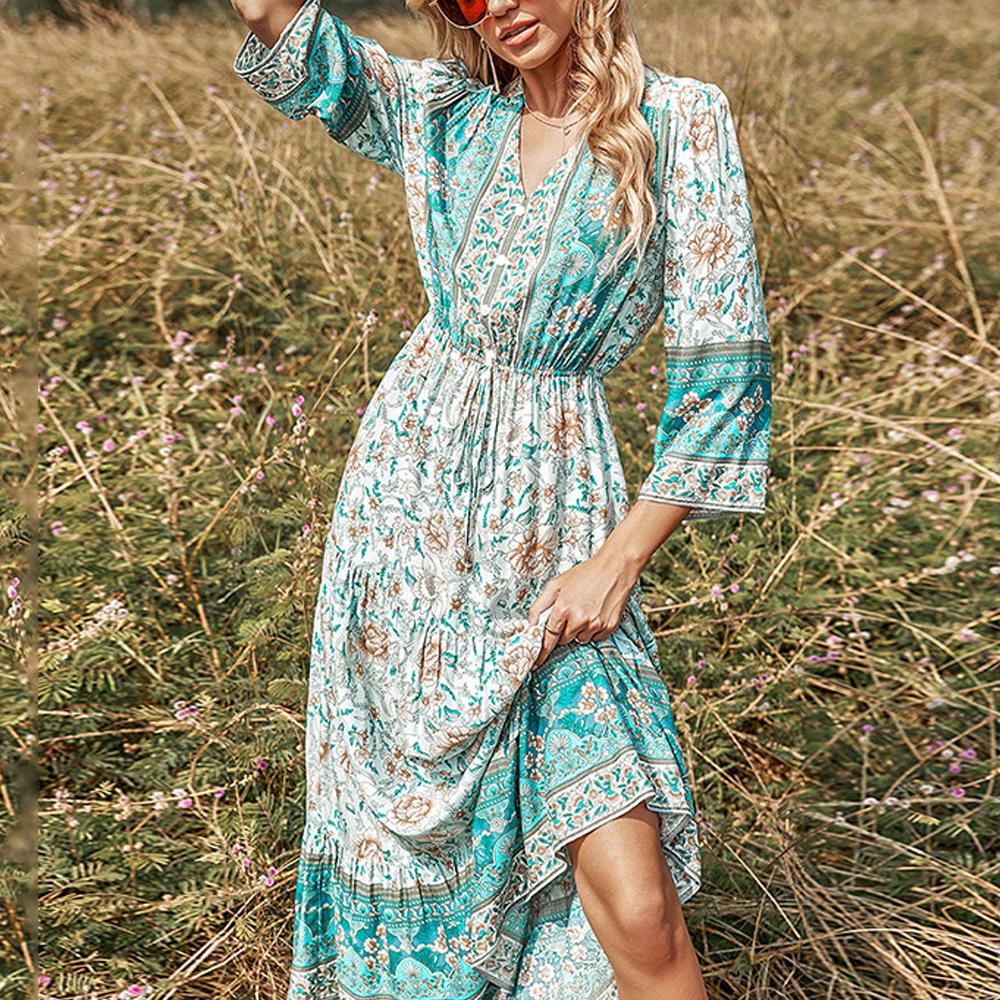 Green Paisley & Floral Print Button Front Knot Waist V Neck Dress