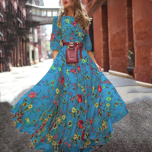 A-Line Floral Print Lantern Sleeve High Waist Long Dress Without Belt
