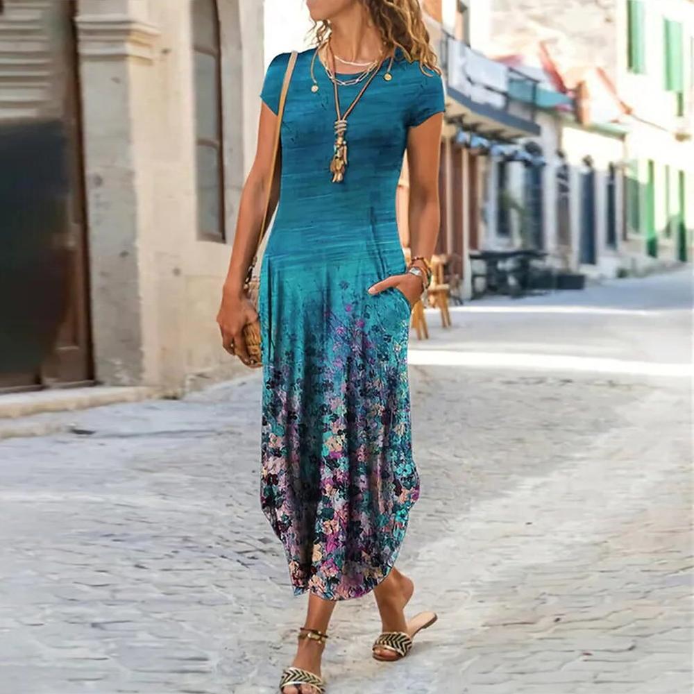 Floral Print Round Neck Short Sleeve Long Dress