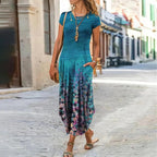 Floral Print Round Neck Short Sleeve Long Dress