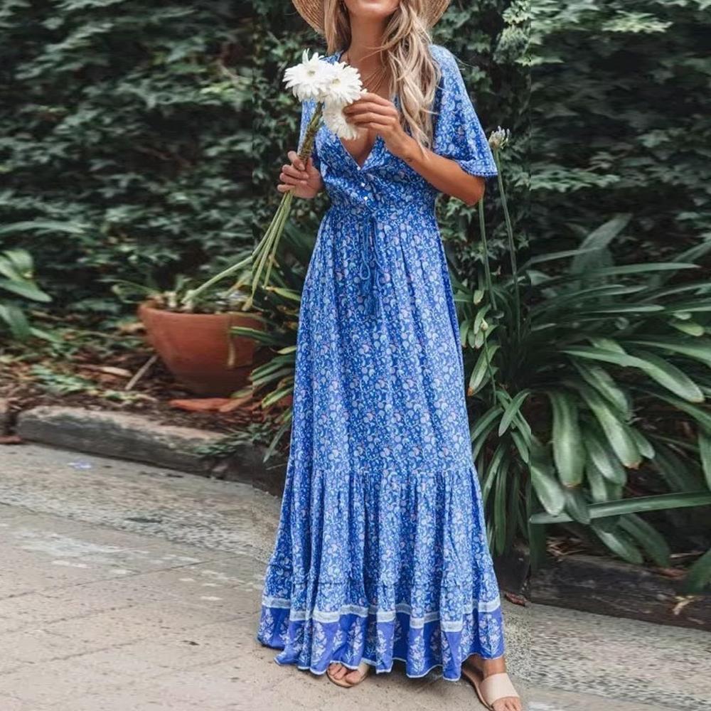 Floral Print Waist Tassel Tie Button Through Flared Sleeve Dress