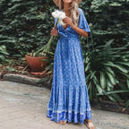 Floral Print Waist Tassel Tie Button Through Flared Sleeve Dress
