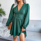 Sexy Pleated Chiffon Dress Elegent V-neck Solid Dress