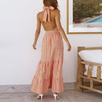 Orange Halter Neck Plaid Tie Back Ruffle Hem Dress
