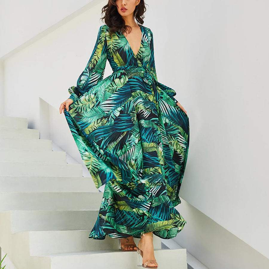 Tropical Leaves & Floral Print Lantern Sleeve V Neck Belted Maxi Dress