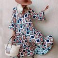 Floral & Geo Print V Neck Flounce Sleeve Maxi Dress