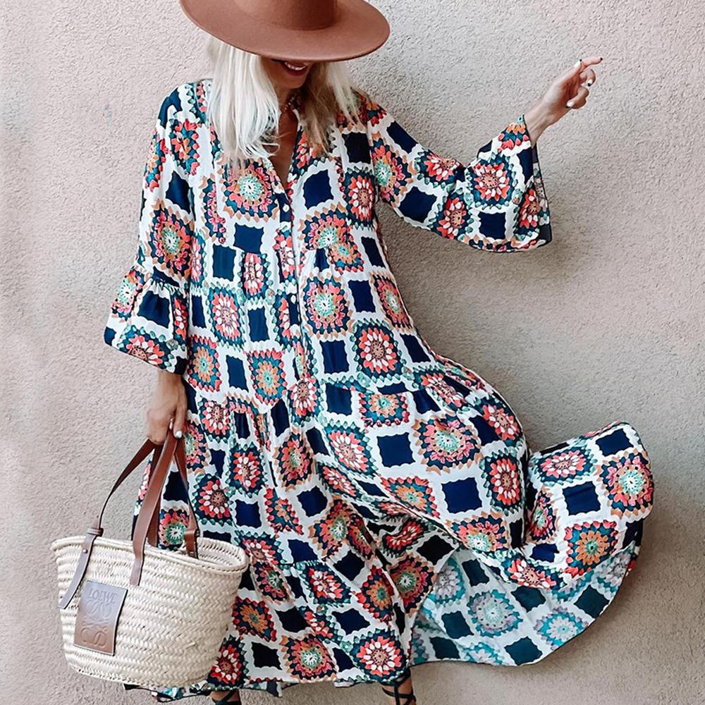 Floral & Geo Print V Neck Flounce Sleeve Maxi Dress