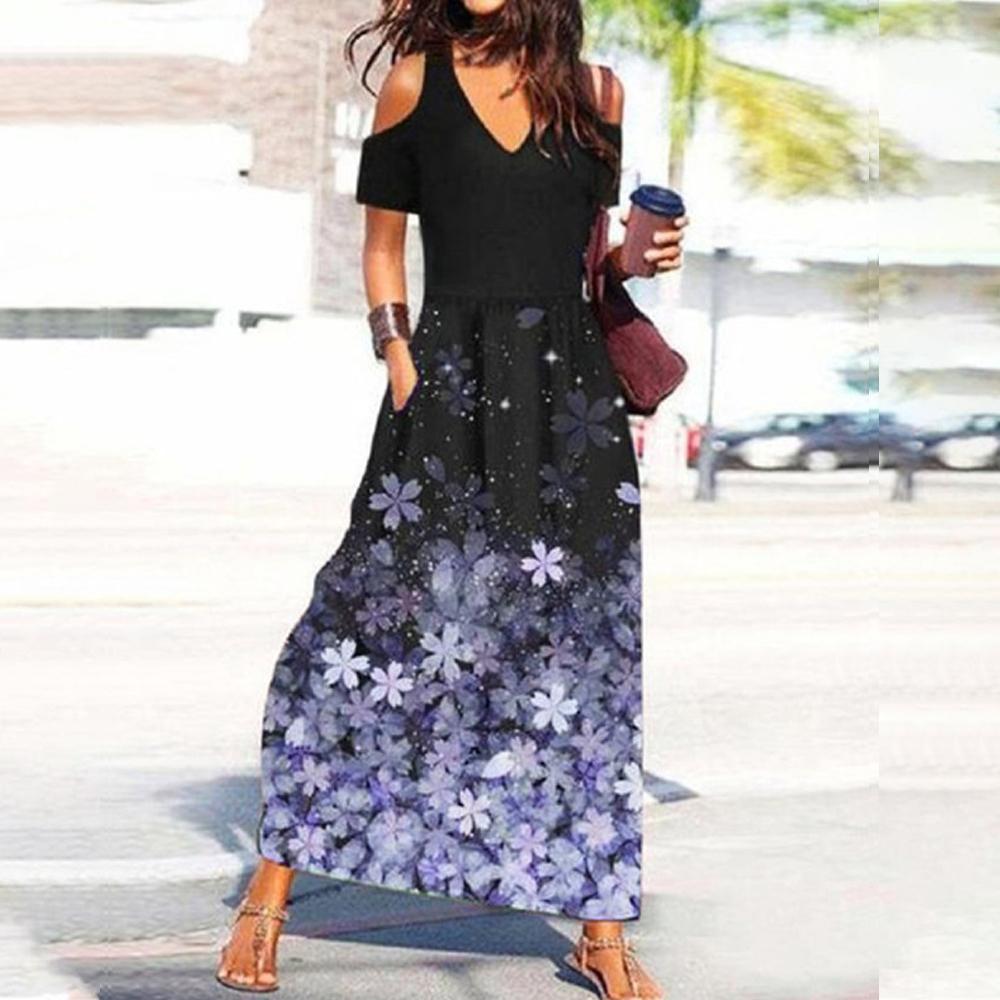Black V Neck Floral Print Cold Shoulder Short Sleeve Dress