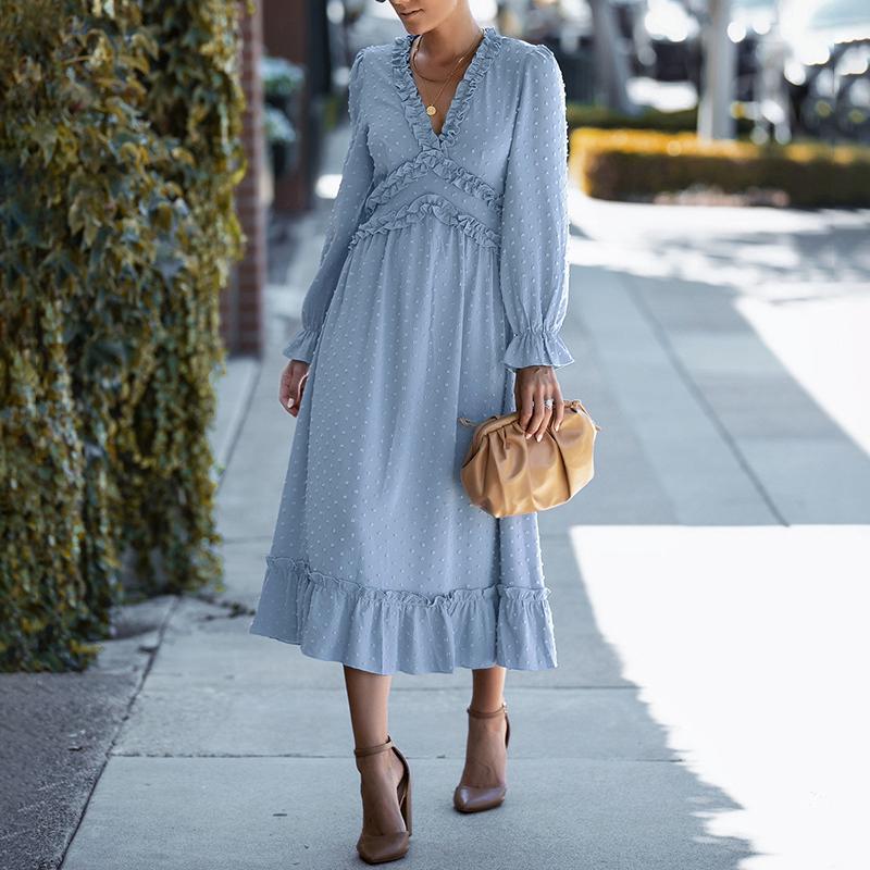 Solid Swiss Dot Mesh Flounce Sleeve Lettuce Trim V Neck Chiffon Dress