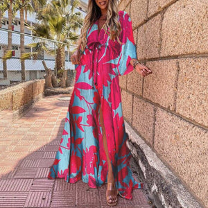 Drawstring Allover Heart & Leopard & Marble &  Floral & Graphic Print Plunging Neck Lantern Sleeve Maxi Dress
