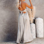All Over Print Bodice Deep V Neck Backless Tie Back Cami Dress